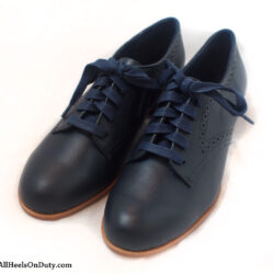 Navy blue leather 1920s 1930s 1940s 1950s ladies fashion dance oxford tie up shoes top 3/4 view